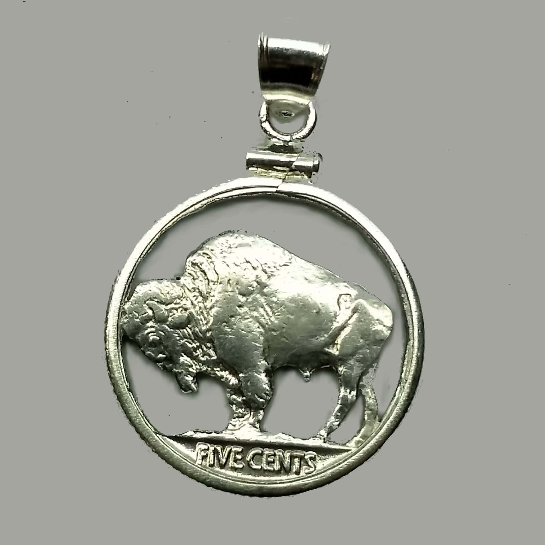 Buffalo Nickel Cut Coin Pendant with Silver Bezel