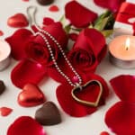 50 BMG Bullet Casing Heart Keychain Necklace in romantic valentines day setting