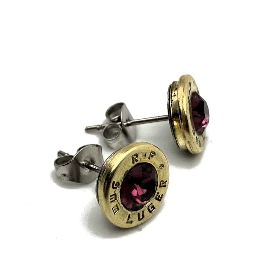 9mm Bullet Casing Earrings with Amethyst Gemstone